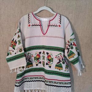 Colorful Printed Linen Upcycled, Tunic with Fringe And Vintage Trim.